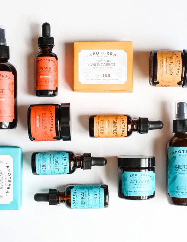 Apoterra skincare products flay-lay photo, brightly colored labels