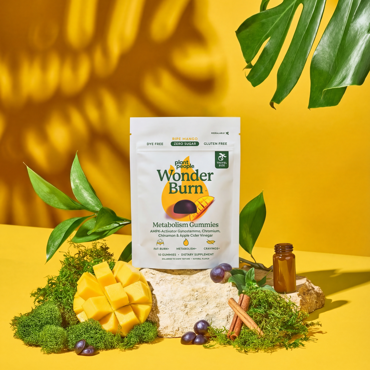 TRAVEL SIZE WonderBurn Gummies by Plant People, pouch on a yellow background