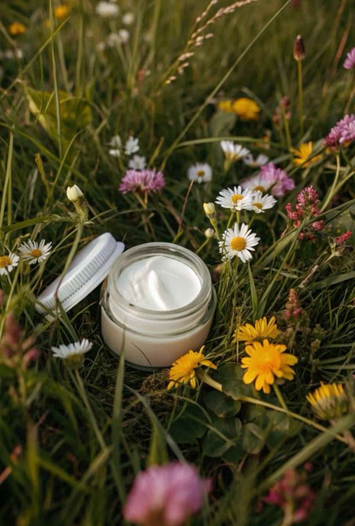 Open jar of Lena Rose house-made cream resting among daisies and wildflowers