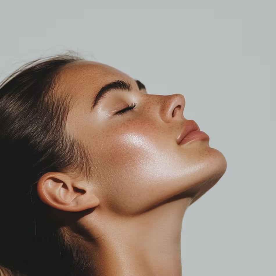 A woman in profile with her head tilted back, skin lit and dewy