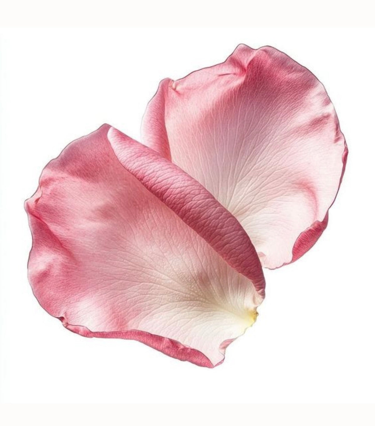 Three rose petals, pale at the base and deepening to pink at the edges, on white