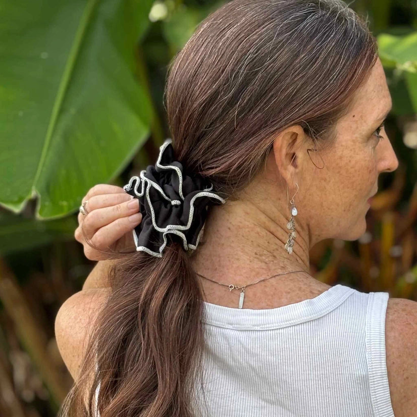 Plastic Free Satin Ruffle Scrunchie - Black by Kooshoo